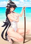  azur_lane beach black_hair bokken bow breasts brown_eyes casual_one-piece_swimsuit cleavage commentary_request criss-cross_halter day hair_bow hair_flaps halterneck hayama_kazusa highres holding holding_sword holding_weapon horizon long_hair looking_at_viewer navel ocean one-piece_swimsuit open_toe_shoes outdoors ponytail solo squatting swimsuit sword takao_(azur_lane) very_long_hair weapon white_bow white_swimsuit wooden_sword 