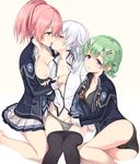  altina_orion black_panties blush breast_grab breasts cleavage closed_eyes commentary_request eiyuu_densetsu facing_another french_kiss girl_sandwich grabbing green_eyes green_hair grey_panties hakuleg hand_in_panties jacket juna_crawford kiss long_hair looking_at_another looking_at_viewer multiple_girls musse_egret nipples open_clothes open_jacket open_shirt panties pantyhose pantyhose_pull partial_commentary pink_hair ponytail purple_eyes sandwiched school_uniform sen_no_kiseki sen_no_kiseki_3 shirt short_hair skirt skirt_removed underwear white_background white_hair yuri 