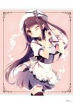  apron black_hair black_legwear brown_eyes dress hair_ornament heart heart_hands highres long_hair maid non-web_source one_eye_closed original scan shiratama_(shiratamaco) skirt smile solo thighhighs wristband 