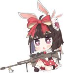  animal_ears bailingxiao_jiu bangs black_footwear blush bow brown_hair bunny bunny_ears bunny_girl bunny_tail chibi collared_shirt explosive eyebrows_visible_through_hair fang girls_frontline grenade gun hair_bow heart heart-shaped_pupils highres holding holding_gun holding_weapon jitome kemonomimi_mode looking_at_viewer m99_(girls_frontline) necktie object_namesake one_knee open_mouth print_skirt purple_eyes red_bow red_neckwear red_skirt scope shirt short_hair simple_background skirt socks solo sparkle star star_print stuffed_animal stuffed_bunny stuffed_toy symbol-shaped_pupils tail weapon white_background white_legwear white_shirt zijiang_m99 