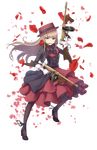  black_footwear black_legwear boots cross-laced_footwear dress dual_wielding elena_clay flower full_body gloves gun hairband hat highres holding holding_gun holding_weapon light_brown_hair long_hair looking_at_viewer official_art pantyhose petals princess_principal princess_principal_game_of_mission purple_eyes red_dress red_flower red_hat red_rose rose shoes smile solo standing submachine_gun teeth_hold thompson_submachine_gun transparent_background weapon white_gloves 