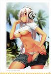  absurdres bikini bikini_pull blurry blush breasts cameltoe crop_top depth_of_field headphones highres large_breasts long_hair navel nitroplus official_art open_fly parted_lips pink_hair pulled_by_self red_eyes scan see-through shiny shiny_skin shirt shirt_lift shorts skindentation skirt skirt_pull slender_waist solo super_sonico sweat swimsuit tan tanline taut_clothes taut_shirt tsuji_santa unbuttoned underboob undressing white_bikini 