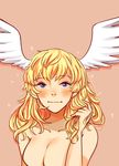  1boy asuka_ryou blonde_hair blue_eyes blush breasts closed_mouth devilman devilman_crybaby eyebrows feathered_wings feathers head_wings long_hair navel nude satan_(devilman) simple_background solo steph wings 