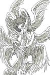  1boy asuka_ryou blue_eyes breasts closed_mouth devilman devilman_crybaby eyebrows feathered_wings feathers head_wings large_wings long_hair nude satan_(devilman) simple_background solo white_background wings 