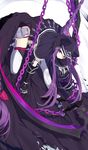  black_capelet black_leotard braid capelet commentary_request dutch_angle fate/grand_order fate_(series) gauntlets grey_footwear holding holding_scythe hood hood_up hooded_capelet leotard long_hair looking_away medusa_(lancer)_(fate) purple_eyes purple_hair rider scythe shoes sidelocks solo thighhighs torn_clothes touzai_(poppin_phl95) very_long_hair white_legwear 