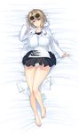  absurdres bare_legs barefoot bed_sheet blonde_hair blue_eyes breasts chain collarbone commentary_request curvy dakimakura dress full_body glasses highres hood hooded_jacket jacket large_breasts letter long_sleeves love_letter lying masao on_back original panties paper parted_lips plump shirt short_dress short_hair solo tears torn torn_clothes underwear white_panties 