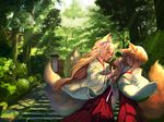  2girls animal_ears blonde_hair bow brown_eyes forest foxgirl japanese_clothes long_hair miko original ribbons short_hair tail tamarashi tree 