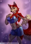 2018 5_fingers alanscampos anthro balto_(film) breasts brown_nose canine clothed clothing dog female fur husky jenna_(balto) looking_at_viewer mammal midriff navel open_mouth orange_eyes red_fur solo standing teeth tongue 