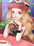  1girl artist_request bangs blue_eyes brown_hair coffee happy hat long_hair looking_at_viewer low-tied_long_hair pleated_skirt pokemon pokemon_(game) pokemon_xy porkpie_hat red_skirt serena_(pokemon) skirt smile solo sunglasses sunglasses_on_hat tank_top 