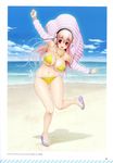  absurdres bangs bare_shoulders beach bikini blue_sky blush breasts cleavage cloud collarbone day eyebrows_visible_through_hair full_body headphones highres jewelry large_breasts leg_up long_hair long_sleeves looking_at_viewer navel necklace nitroplus ocean open_mouth outdoors page_number pink_hair red_eyes sandals scan side-tie_bikini sky smile solo striped super_sonico swimsuit tsuji_santa water yellow_bikini 