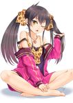  ;o bangs bare_legs bare_shoulders barefoot black_hair blush breasts camisole cleavage collarbone eyelashes glint gradient_hair hair_ribbon hand_in_hair heart heart_necklace idolmaster idolmaster_cinderella_girls indian_style jacket jaguar_print long_hair long_sleeves looking_at_viewer matoba_risa miri_(ago550421) multicolored_hair nail_polish one_eye_closed open_clothes open_jacket open_mouth pink_skirt red_hair ribbon shiny shiny_hair sidelocks signature simple_background single_vertical_stripe sitting skirt small_breasts solo spread_legs strap_slip toenail_polish track_jacket tsurime white_background yellow_eyes yellow_ribbon 
