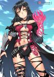  bandaged_arm bandages belt black_choker black_hair breasts choker claws collarbone giovanni_zaccaria highres long_hair looking_at_viewer medium_breasts navel solo tales_of_(series) tales_of_berseria torn_clothes underboob velvet_crowe very_long_hair yellow_eyes 