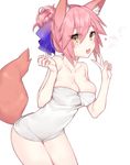  :d alternate_hairstyle animal_ears bare_arms bare_shoulders blush bow breasts brown_eyes cleavage collarbone cowboy_shot fang fate/extra fate_(series) fox_ears fox_tail hair_between_eyes hair_bow hair_bun heart highres ia_(ias1010) leaning_forward long_hair looking_at_viewer medium_breasts naked_towel open_mouth pink_hair purple_bow shiny shiny_skin short_hair sidelocks simple_background skindentation smile solo standing sweat tail tail_raised tamamo_(fate)_(all) tamamo_no_mae_(fate) thigh_gap thighs towel v white_background 