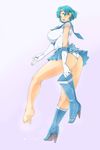  1girl aqua_eyes aqua_hair ass barefoot bishoujo_senshi_sailor_moon boots breasts cum feet highres holding_shoes large_breasts looking_at_viewer mizuno_ami open_mouth pantyshot sailor_mercury shoes_removed short_hair soles toes 