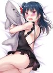  ass bangs blue_hair blush hair_bun hug long_hair looking_at_viewer love_live! love_live!_sunshine!! one-piece_swimsuit open_mouth purple_eyes side_bun solo stuffed_animal stuffed_shark stuffed_toy sweatdrop swimsuit tipii tsushima_yoshiko 