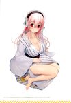  absurdres arm_support bangs barefoot blush breasts cleavage collarbone eyebrows_visible_through_hair fingernails headphones highres japanese_clothes kimono large_breasts long_hair looking_at_viewer nitroplus page_number parted_lips pink_hair red_eyes scan simple_background sitting smile solo striped super_sonico tsuji_santa vertical_stripes white_background wide_sleeves yukata 
