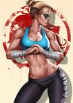  1girl abs absurdres artist_name bandage bandaged_arm bandaged_hands bare_shoulders blonde_hair blue_eyes breasts cassie_cage cleavage closed_mouth collarbone cowboy_shot dandon_fuga eyeshadow hair_bun highres large_breasts legs lips lipstick looking_away makeup midriff mortal_kombat mortal_kombat_x muscle muscular_female navel red_lips simple_background sleeveless solo sports_bra standing sunglasses thighs toned toothpick 
