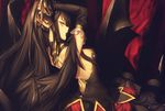  adjusting_hair back black_hair commentary_request detached_sleeves dress fate/apocrypha fate/grand_order fate_(series) highres kawanakajima long_hair looking_back open_mouth pointy_ears semiramis_(fate) slit_pupils solo yellow_eyes 