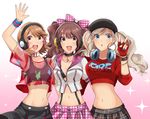  :o alternate_costume arm_around_waist arm_up belt_collar blue_eyes bracelet breasts brown_eyes brown_hair citrus_love_i cleavage clothes_writing commentary crop_top fingerless_gloves gloves hat headphones headphones_around_neck heart highres jewelry kujikawa_rise looking_at_viewer midriff multiple_girls navel open_mouth pendant persona persona_3 persona_3:_dancing_moon_night persona_4 persona_4:_dancing_all_night persona_5 persona_5:_dancing_star_night persona_dancing red_gloves see-through shoulder-to-shoulder simple_background smile spiked_bracelet spikes sports_bra stomach suspenders takamaki_anne takeba_yukari unmoving_pattern upper_body 