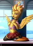  2018 amber_eyes clothing collar desk equine female friendship_is_magic hi_res justafallingstar legwear looking_at_viewer mammal miniskirt my_little_pony pegasus skirt solo spitfire_(mlp) starfall-spark stockings wings wonderbolts_(mlp) 