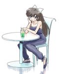  1girl artist_request bangs bare_shoulders bow breasts brown_hair chair cherry cleavage collarbone dress green_eyes highres kuonji_ukyou long_hair looking_at_viewer medium_breasts ranma_1/2 shoes sitting smile 