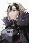  bangs black_capelet blonde_hair breasts capelet chain collar expressionless eyebrows_visible_through_hair fate/grand_order fate_(series) fur_trim gradient gradient_background jeanne_d'arc_(alter)_(fate) jeanne_d'arc_(fate)_(all) large_breasts lips looking_at_viewer matsurika_youko medium_breasts pale_skin parted_lips petals short_hair solo tsurime v-shaped_eyebrows white_background yellow_eyes 
