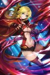 1girl black_shorts blonde_hair breasts brown_gloves center_opening cutoffs fate/grand_order fate_(series) fingerless_gloves floating_hair gloves goomrrat green_eyes grin groin hair_tie highres jacket leg_up lightning long_hair long_sleeves looking_at_viewer mordred_(fate) mordred_(fate)_(all) navel open_clothes open_fly open_jacket ponytail red_jacket red_legwear red_shirt shirt short_shorts shorts small_breasts smile solo stomach thighhighs underboob v-shaped_eyebrows 