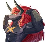  abs anthro batzz_(buddyfight) biceps big_muscles black_scales blush countershading dragon flexing green_scales grey_scales hair half_portrait horn long_hair looking_at_viewer male markings muscular muscular_male nipples pecs presenting purple_eyes scales simple_background solo soraa standing teeth white_background 
