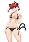  animal_ears bangs bare_arms bare_legs bare_shoulders bikini black_bikini black_bow blunt_bangs bow breasts cat_ears cat_tail cleavage closed_mouth contrapposto extra_ears eyebrows_visible_through_hair hair_bow halter_top halterneck highres kaenbyou_rin looking_at_viewer medium_breasts multiple_tails navel ootsuki_wataru paw_pose pointy_ears protected_link red_eyes red_hair short_hair side-tie_bikini smile solo standing stomach swimsuit tail thick_eyebrows touhou transparent_background two_tails 