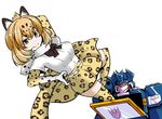  1girl 80s animal_ears blonde_hair bow bowtie breasts cannon commentary crossover decepticon elbow_gloves fur_collar gloves highres huge_breasts insignia jaguar_(kemono_friends) jaguar_ears jaguar_print jaguar_tail kemono_friends large_breasts looking_at_viewer multicolored_hair namesake oldschool pun red_eyes robot shirt short_hair short_sleeves simple_background skirt smile soundwave tail thighhighs torii5011 transformers weapon white_background yellow_eyes 
