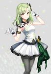  black_legwear breasts brown_eyes closed_mouth collarbone cowboy_shot dress gloves green_hair highres idolmaster idolmaster_(classic) idolmaster_stella_stage looking_at_viewer medium_breasts pantyhose shiika_(idolmaster) short_hair smile solo songmil white_gloves 