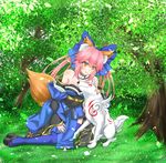  2girls amaterasu animal_ears bangs bare_shoulders bow breasts caster_(fate/extra) choker collarbone crossover fate/extra fox_ears japanese_clothes kimono multiple_girls ookami_(game) pink_hair rs7 sandals sitting tail thighhighs tree twintails yellow_eyes 
