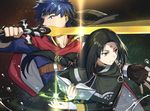  black_hair blue_eyes blue_hair book cape facial_mark fire_emblem fire_emblem:_souen_no_kiseki gloves headband ike long_hair male_focus multiple_boys ragnell red_eyes smile soren sword tdob_mk2 weapon 