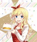  :d abstract_background apron bekkourico blonde_hair blue_eyes blush cake eyebrows_visible_through_hair food hair_ribbon holding holding_plate idolmaster idolmaster_cinderella_girls long_hair long_sleeves looking_at_viewer off-shoulder_sweater one_side_up ootsuki_yui open_mouth plaid plaid_apron plaid_ribbon plate red_apron red_ribbon ribbon shiny shiny_hair signature sleeves_past_wrists smile solo sweater tareme tasting tongue tongue_out triangle wavy_hair white_sweater 