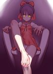  1girl barefoot choker feet gegege_no_kitarou hair_bow looking_at_viewer nekomusume one_leg_raised pantyshot pov purple_hair sitting slit_pupils tied_hair toes yellow_eyes 