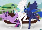  2018 anthro anthrofied blue_feathers blue_fur breasts butt cosmic_hair crown dildo equine fab3716 feathers female female/female fisting friendship_is_magic fur grin group group_sex hooves horn horse levitation looking_at_viewer lying magic mammal my_little_pony nude on_back open_mouth outside penetration pony princess_celestia_(mlp) princess_luna_(mlp) purple_feathers purple_fur pussy pussy_juice sex sex_toy smile sofa spread_legs spreading threesome twilight_sparkle_(mlp) vaginal vaginal_fisting vaginal_penetration white_feathers white_fur winged_unicorn wings 