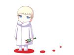  1boy asuka_ryou blonde_hair blood blue_eyes bottle broken_bottle closed_mouth coat devilman devilman_crybaby eyebrows short_hair simple_background solo white_background white_coat 