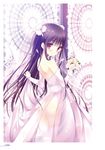  arms_up bangs bare_shoulders black_hair blush bouquet dress drill_hair eyebrows_visible_through_hair flower hair_between_eyes hair_flower hair_ornament highres holding long_hair looking_at_viewer mashita_touma no_panties non-web_source purple_dress red_eyes scan shiratama_(shiratamaco) shoulder_blades sidelocks solo standing tied_hair turning_head zutto_sukishite_takusan_sukishite 