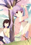  antenna_hair black_hair black_legwear blue_skirt blush bow closed_eyes collarbone day facing_another hair_bow highres holding holding_pencil ichijou_hotaru long_hair miyauchi_renge multiple_girls non_non_biyori open_mouth outdoors pencil purple_hair red_eyes scan shiratama_(shiratamaco) shoes sitting sketchbook skirt smile sneakers socks squatting thighhighs tree twintails white_legwear yellow_bow 