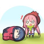  2girls beanie black_gloves black_legwear blue_hair blue_shorts blush chibi closed_eyes eyebrows_visible_through_hair gloves grass green_scarf hair_between_eyes hat kagamihara_nadeshiko long_hair long_sleeves low_twintails lying multiple_girls o_o on_ground on_side open_clothes open_mouth open_vest pink_hair plaid plaid_shirt red_shirt scarf shadow shima_rin shirt shorts sleeping_bag standing twintails twumi v-shaped_eyebrows very_long_hair vest wavy_mouth yurucamp 