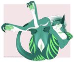  anthro breasts claws conditional_dnp eyebrows female fur green_eyes green_fur hair naexus nipples nude pussy sergal simple_background smile solo white_fur white_hair 