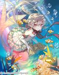  ? bare_shoulders bow bowtie bubble cardfight!!_vanguard chouchou_putilna company_name coral fish gloves grey_hair hair_ornament low_twintails map mermaid miyoshino monster_girl official_art red_eyes solo twintails underwater 