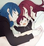  baby black_hair blue_hair blush child closed_eyes drooling hood hoodie if_they_mated ips_cells long_hair love_live! love_live!_sunshine!! lying mother_and_daughter multiple_girls red_hair sakurauchi_riko sellel short_hair sleeping tsushima_yoshiko yuri 