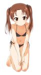  ass_visible_through_thighs barefoot bikini black_bikini brown_eyes brown_hair flat_chest full_body girls_und_panzer hands_on_own_thighs highres kadotani_anzu kneeling leaning_forward long_hair looking_at_viewer navel side-tie_bikini simple_background sketch solo suke_(momijigari) swimsuit twintails v_arms white_background 