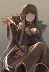  black_hair breasts cleavage detached_sleeves fate/apocrypha fate_(series) intimus15 long_hair medium_breasts pointy_ears semiramis_(fate) solo very_long_hair yellow_eyes 