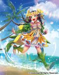  beach boots breasts brown_hair cardfight!!_vanguard cleavage coconut_tree company_name day flower green_eyes hair_flower hair_ornament leaf long_hair low_twintails maiden_of_glowshine matsurika_youko nail_polish official_art open_mouth palm_tree solo sparkle teeth tree twintails water 