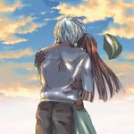  1girl back_turned black_hair blue_hair cloud cloudy_sky couple day dragon_ball dragon_ball_super eyebrows_visible_through_hair gloves hands_on_another's_back hat hetero hug jacket long_hair mai_(dragon_ball) military_hat nutsleaf out_of_frame pants short_hair sky trunks_(dragon_ball) twilight 