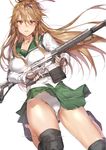  antenna_hair ass_visible_through_thighs breasts brown_hair gun highschool_of_the_dead long_hair medium_breasts miyamoto_rei myo_ne panties pantyshot red_eyes rifle school_uniform skirt solo thighhighs underwear upskirt weapon white_panties 