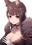  absurdres akagi_(azur_lane) animal_ears azur_lane bangs breasts brown_eyes brown_hair choker cleavage collarbone commentary dyson_(edaokunnsaikouya) eyebrows_visible_through_hair fox_ears fur_trim gloves hair_ornament hand_on_own_chest highres large_breasts light_smile long_hair looking_at_viewer parted_lips ribbon_choker simple_background solo upper_body white_background white_gloves x_hair_ornament 