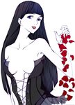  1girl bedroom black_hair bloom blooms blue_eyes breasts corset female flower hand lace long_hair neck original pale_skin pose red red_lips rose roses sexy smile solo suzume vampire vampire_girl 